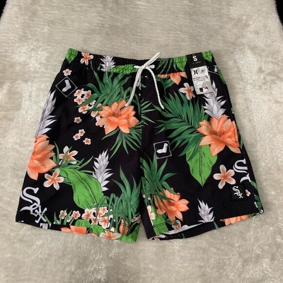 NEW Hurley Mens Black White Sox Print Swim Shorts‎ MLB Bottoms Size Small NWT - Picture 1 of 8